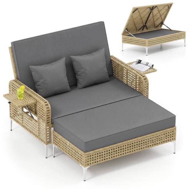 Costway 2PCS Patio Daybed Set PE Rattan Loveseat w/ Adjustable Backrest in Grey - image 1
