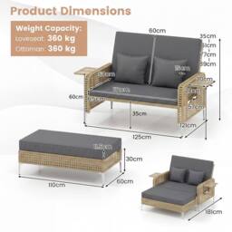 Costway 2PCS Patio Daybed Set PE Rattan Loveseat w/ Adjustable Backrest in Grey - thumbnail 2