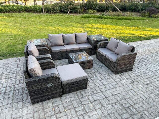 Fimous 8 Seater Garden Furniture Set Rattan Outdoor Lounge Sofa Chair With Tempered Glass Table 2 Side Tables Big Footstool Dark Grey Mixed - image 1
