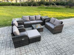 Fimous 8 Seater Garden Furniture Set Rattan Outdoor Lounge Sofa Chair With Tempered Glass Table 2 Side Tables Big Footstool Dark Grey Mixed - thumbnail 1