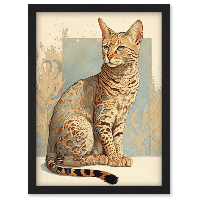 Artery8 Ocicat Cat with Turquoise Rosette Pattern Fur Modern Watercolour Illustration Artwork Framed Wall Art Print A4 in Black - image 1