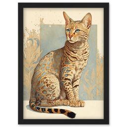 Artery8 Ocicat Cat with Turquoise Rosette Pattern Fur Modern Watercolour Illustration Artwork Framed Wall Art Print A4 in Black - thumbnail 1
