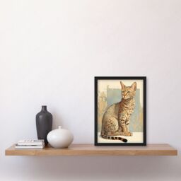 Artery8 Ocicat Cat with Turquoise Rosette Pattern Fur Modern Watercolour Illustration Artwork Framed Wall Art Print A4 in Black - thumbnail 2