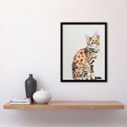 "Artery8 Marble Coat Bengal Cat Lover Bright Watercolour Framed Wall Art in Brown - Size: W12"" x H16""" - thumbnail 4