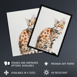 "Artery8 Marble Coat Bengal Cat Lover Bright Watercolour Framed Wall Art in Brown - Size: W12"" x H16""" - thumbnail 2