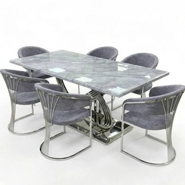 HOME LUXE INTERIOR Elina 180cm Grey & Chrome Marble Dining Table & 6 Porado Chairs Set - Size: 180 cm - image 1