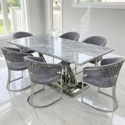 HOME LUXE INTERIOR Elina 180cm Grey & Chrome Marble Dining Table & 6 Porado Chairs Set - Size: 180 cm - thumbnail 4