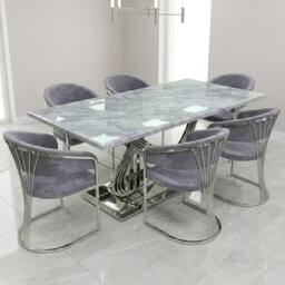 HOME LUXE INTERIOR Elina 180cm Grey & Chrome Marble Dining Table & 6 Porado Chairs Set - Size: 180 cm - thumbnail 3