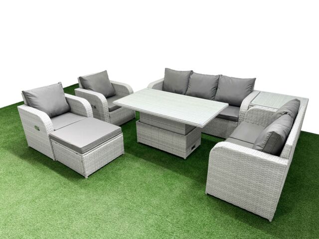 Fimous PE Rattan Garden Furniture Set Reclining Chair Sofa Double Love Seat 2 Seater Sofa Lounge Set Adjustable Lifting Dining or Coffee Table Big - image 1