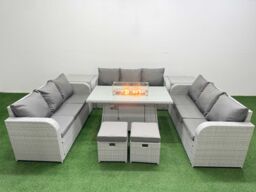 Fimous PE Rattan Lounge Sofa Set 11 Seater Outdoor Garden Furniture Set with Firepit Dining Table 3 Seater Sofa 2 Stools 2 Side Table Light Grey - thumbnail 2