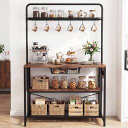 Gymax Metal Coffee Bar Table Kitchen Island with Power Outlet in Brown - thumbnail 9