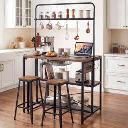 Gymax Metal Coffee Bar Table Kitchen Island with Power Outlet in Brown - thumbnail 3