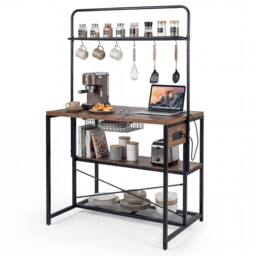 Gymax Metal Coffee Bar Table Kitchen Island with Power Outlet in Brown