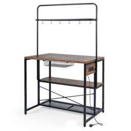 Gymax Metal Coffee Bar Table Kitchen Island with Power Outlet in Brown - thumbnail 8