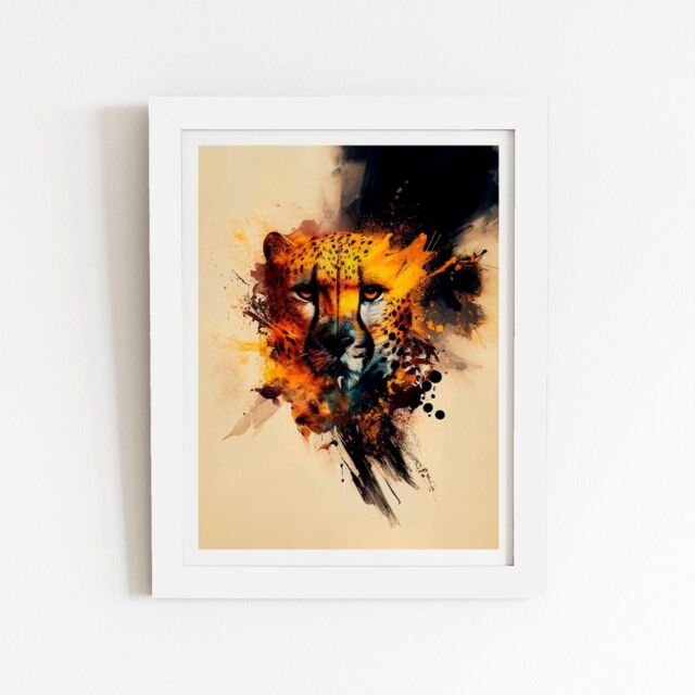 "Warren Reed - Designer Cheetah Face Splashart Framed Art Print in White - Size: W24"" x H36""" - image 1