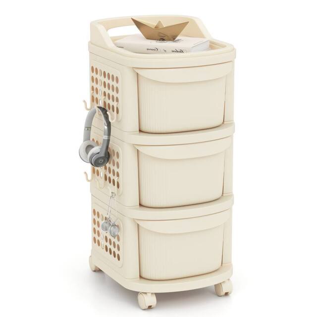 Gymax 3-Drawer Utility Cart Rolling Plastic Organizer With 6 Hooks in Cream - image 1