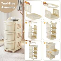Gymax 3-Drawer Utility Cart Rolling Plastic Organizer With 6 Hooks in Cream - thumbnail 8