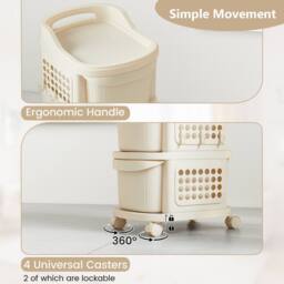 Gymax 3-Drawer Utility Cart Rolling Plastic Organizer With 6 Hooks in Cream - thumbnail 7