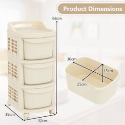 Gymax 3-Drawer Utility Cart Rolling Plastic Organizer With 6 Hooks in Cream - thumbnail 2