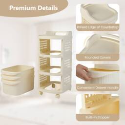 Gymax 3-Drawer Utility Cart Rolling Plastic Organizer With 6 Hooks in Cream - thumbnail 9