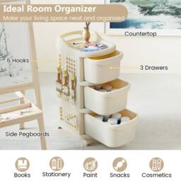 Gymax 3-Drawer Utility Cart Rolling Plastic Organizer With 6 Hooks in Cream - thumbnail 5