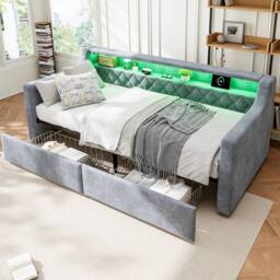 STILVORA 3ft Single Day Bed with Drawers Grey Velvet - thumbnail 2