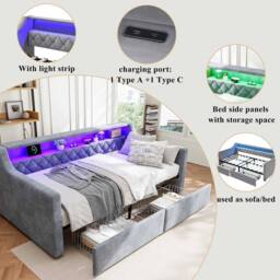 STILVORA 3ft Single Day Bed with Drawers Grey Velvet - thumbnail 8
