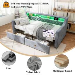 STILVORA 3ft Single Day Bed with Drawers Grey Velvet - thumbnail 7