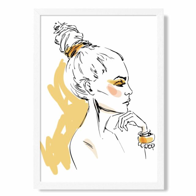ARTZE Girl Fashion Pen & Ink Sketch Framed Print SIZE: A3 with White Frame in Yellow - Size: A4 - image 1
