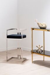 Orsina Black Velvet Bar Stool With Silver Frame, Art Deco Inspired Stainless Steel Bar Stool, Modern Velvet Seat - thumbnail 2