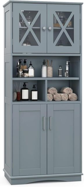 Gymax Tall Bathroom Cabinet Cupboard With Acrylic Doors & Adjustable Shelves in Grey - image 1