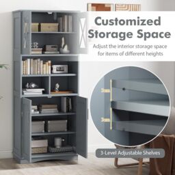 Gymax Tall Bathroom Cabinet Cupboard With Acrylic Doors & Adjustable Shelves in Grey - thumbnail 5