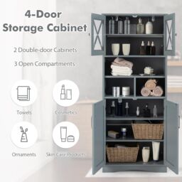 Gymax Tall Bathroom Cabinet Cupboard With Acrylic Doors & Adjustable Shelves in Grey - thumbnail 4