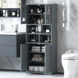 Gymax Tall Bathroom Cabinet Cupboard With Acrylic Doors & Adjustable Shelves in Grey - thumbnail 2