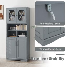 Gymax Tall Bathroom Cabinet Cupboard With Acrylic Doors & Adjustable Shelves in Grey - thumbnail 6