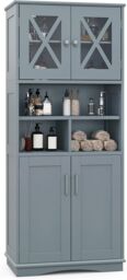 Gymax Tall Bathroom Cabinet Cupboard With Acrylic Doors & Adjustable Shelves in Grey