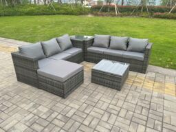 Fimous 7 Seater Dark Mixed Grey Rattan Corner Sofa Outdoor Garden Furniture With 2 Coffee Table Footstool in Dark Grey - thumbnail 4