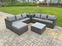 Fimous 7 Seater Dark Mixed Grey Rattan Corner Sofa Outdoor Garden Furniture With 2 Coffee Table Footstool in Dark Grey - thumbnail 3
