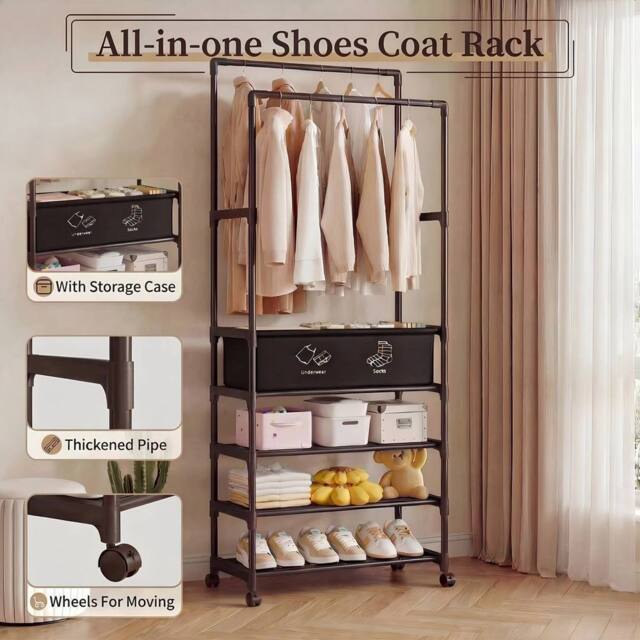 KORVIXA Portable Clothing Rack Clothes Rail Storage Shelf in Black - Size: 900mm - image 1