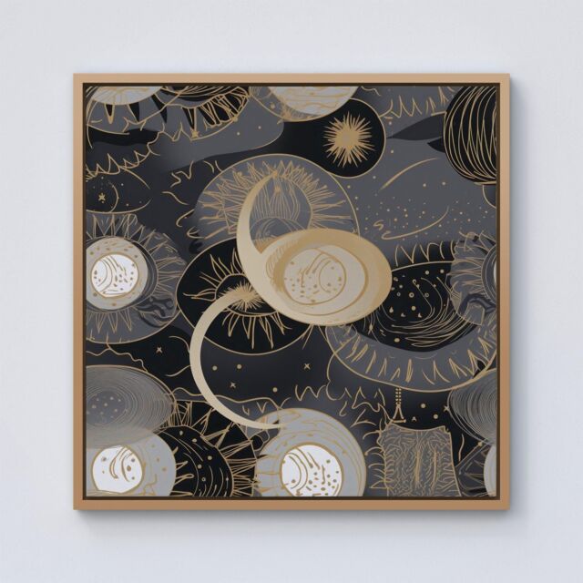 Warren Reed - Designer Abstract Silver Gold Sun & Moon Framed Canvas in Light Brown - Size: w40 inch x h40 inch - image 1
