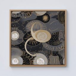 Warren Reed - Designer Abstract Silver Gold Sun & Moon Framed Canvas in Light Brown - Size: w40 inch x h40 inch - thumbnail 1