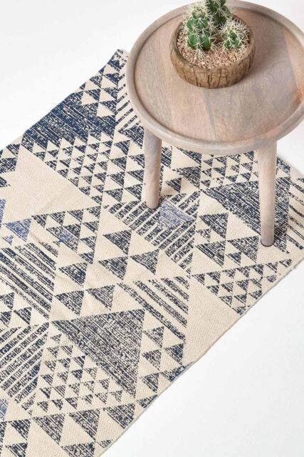 Homescapes Delphi Geometric Cotton Printed Hall Runner, 66 x 200 cm in Blue - Size: 66 cm x 200 cm - image 1