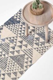 Homescapes Delphi Geometric Cotton Printed Hall Runner, 66 x 200 cm in Blue - Size: 66 cm x 200 cm
