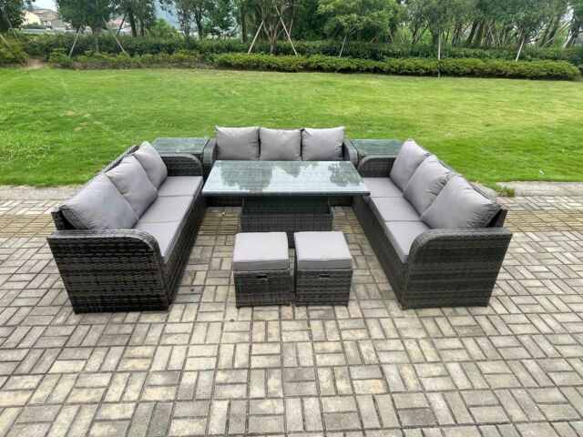 Fimous 11 Seater Garden Dining Sets Outdoor Rattan Furniture Lounge Sofa Height Adjustable Rising lifting Table in Dark Grey - image 1