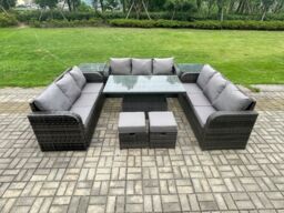 Fimous 11 Seater Garden Dining Sets Outdoor Rattan Furniture Lounge Sofa Height Adjustable Rising lifting Table in Dark Grey - thumbnail 2