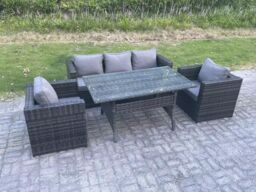 Fimous 5 Seater PE Wicker Rattan Garden Furniture Set Patio Chair Rectangular Dining Table Set in Dark Grey - thumbnail 2