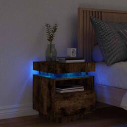 Berkfield Home Bedside Cabinet with LED Lights Smoked Oak 40x39x48.5 cm in Brown - thumbnail 2