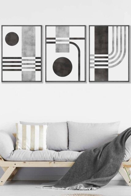 ARTZE Set of 3 Dark Grey Framed Mid Century Graphical Shapes in black & Grey Wall Art - Size: W45 cm x H62 cm x D20mm - image 1