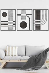 ARTZE Set of 3 Dark Grey Framed Mid Century Graphical Shapes in black & Grey Wall Art - Size: W45 cm x H62 cm x D20mm