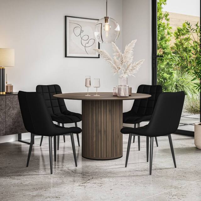 More4Homes Arlo Walnut Table Top W Walnut Legs + Nova Faux Leather Dining Chair Set Of 6 in Black - image 1